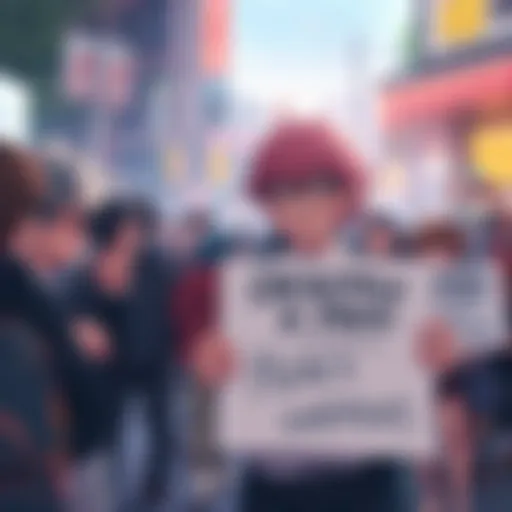 A group of fans argue about Okkotsu's character and the accusations against him, with one person holding a sign expressing their opinion