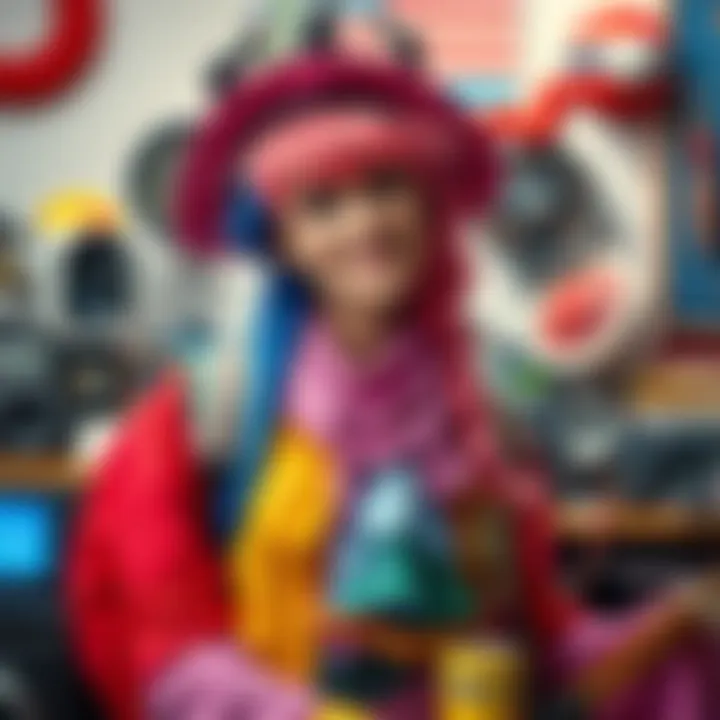 A person poses in a vibrant cosplay outfit, smiling and surrounded by nostalgic props, with a high-resolution image showcasing their detailed costume work.