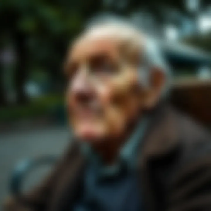 A close-up of an old man with deep wrinkles and a thoughtful expression, sitting on a park bench, looking contemplative.