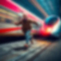 An elderly man running alongside a speeding bullet train as it zooms past on a track, showcasing the contrast in speed.