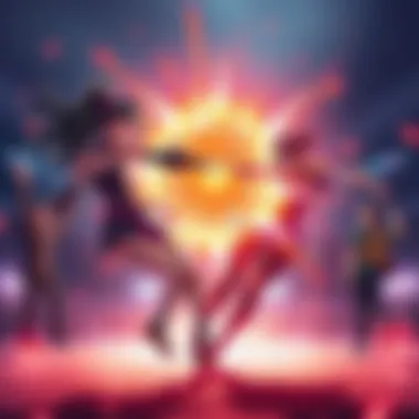 Olivia and Kozue in an intense battle scene, showcasing their powers and abilities, with fans cheering in the background.