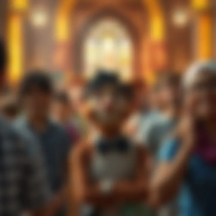 Ollie Taking a Joyful Journey Ollie, a cheerful character, sharing kindness in a vibrant church setting, surrounded by happy people enjoying the moment.