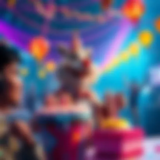 A vibrant celebration scene with Ollie leading festivities for Nikke's 3rd anniversary, featuring colorful decorations and happy participants.