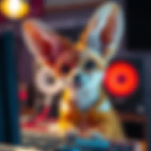 Omaru Polka is a cute fennec fox with big ears playing in front of her streaming setup, smiling at the camera.