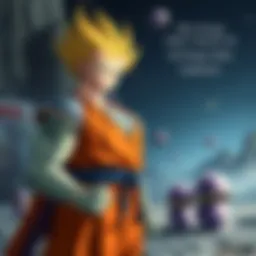 Omega stands with a thoughtful expression, looking at several Dragon Balls scattered around him, symbolizing his choice not to absorb them all