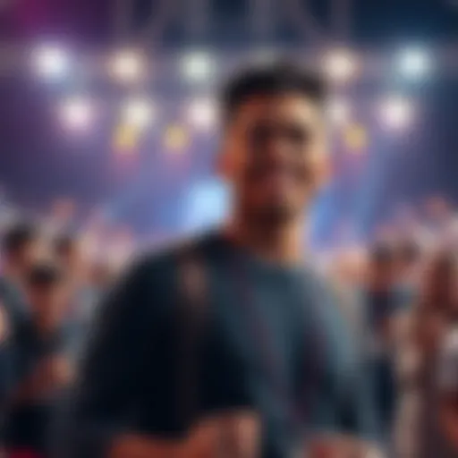 Omega, a young man with a confident smile, stands in bright lights, engaging a crowd with enthusiasm.