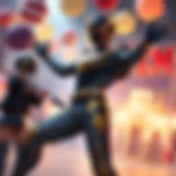 A character named Omega in a dynamic pose, showing his lack of synergy with Carnival and STR SEZA during a celebration. The background is festive, highlighting the contrast in performance.