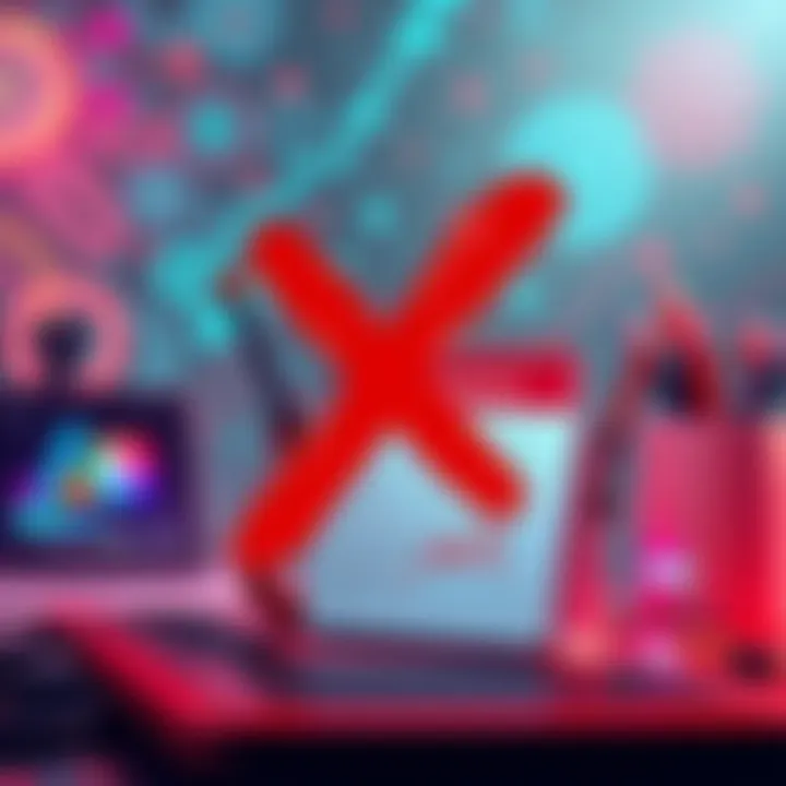 Illustration showing a digital art scene with a large red cross over AI-generated art tools and a calendar marking one month