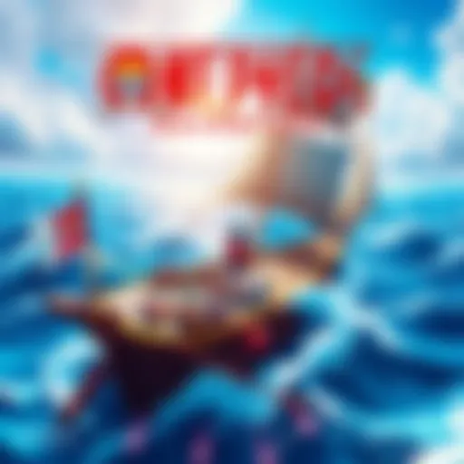 A vibrant scene depicting characters from One Piece sailing on a ship across the ocean, with a bright sky and playful waves.