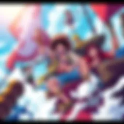 Exciting scene from One Piece featuring main characters, including Kuma, on a pirate adventure