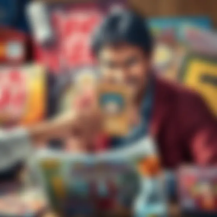 A collector holding a rare One Piece card with a nostalgic look, surrounded by card collecting items and a manga issue, capturing the essence of fandom.