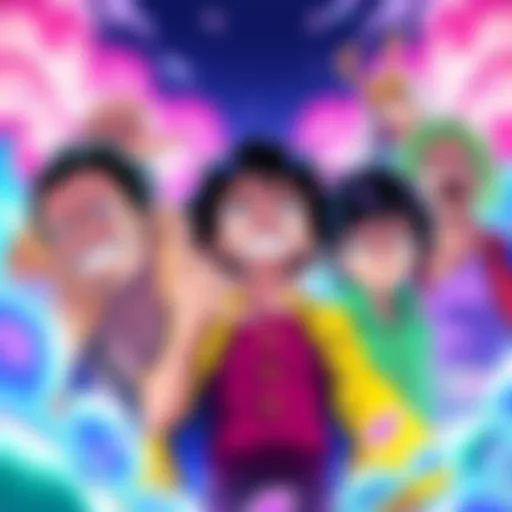 A vibrant scene featuring main characters from One Piece, highlighting their expressions and key elements of adventure, symbolizing the anticipation for Chapter 1163.