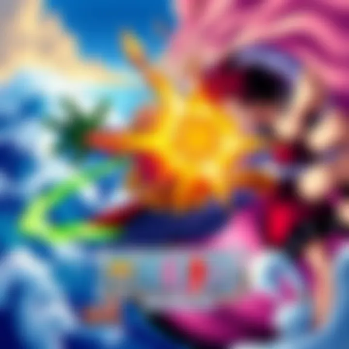 A battle scene featuring two characters from One Piece, one with a powerful fruit ability and the other with limited skills, set against a vibrant backdrop of ocean waves.