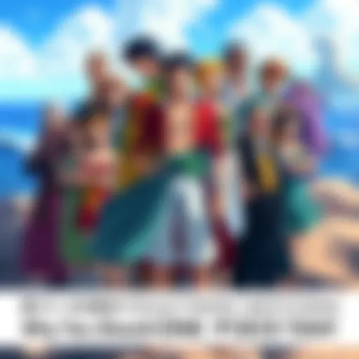 A group of diverse characters from One Piece standing together, showcasing their unique outfits and personalities, with a lively ocean background.