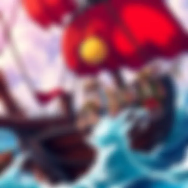 Colorful scene featuring main characters from One Piece engaged in an adventure on a pirate ship with the sea in the background.