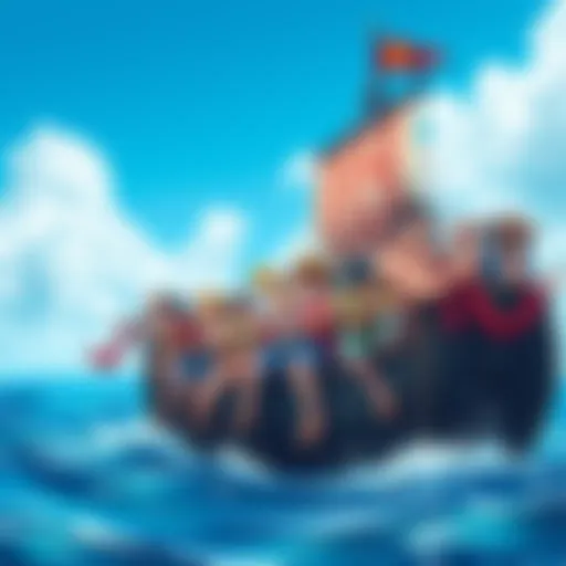 A group of colorful characters from One Piece sailing on a ship, showcasing diverse personalities and a vibrant world.