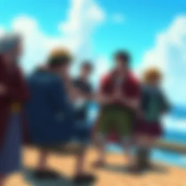 Harald and other characters from One Piece having a heated discussion about their motivations and choices in front of a backdrop of the sea