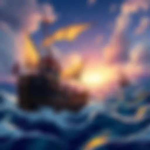 Luffy and his crew sailing on a ship towards an island, symbolizing their journey to Laugh Tale