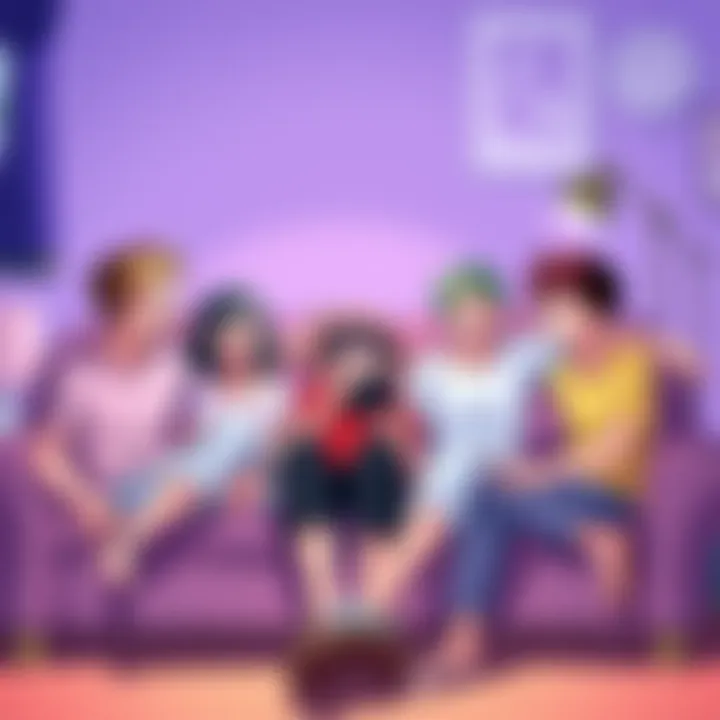 A group of friends gathered on a couch, watching One Piece together, enjoying their time and relaxing.