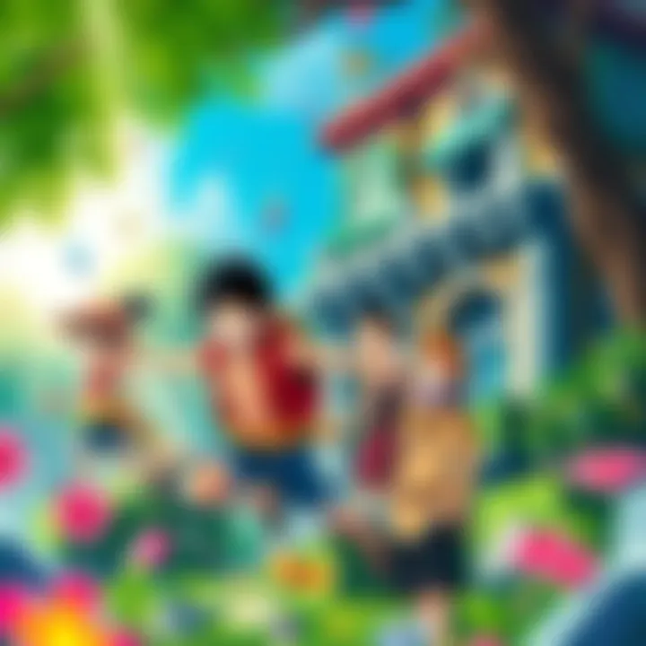 Luffy and his friends escaping from Block Kingdom's Miniature Garden, filled with colorful scenery and intense action