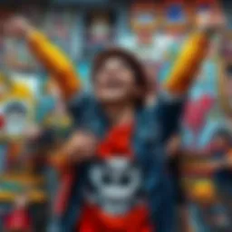 A 33-year-old fan joyfully embracing One Piece merchandise, surrounded by posters and figures, showcasing the love for anime and manga turning mainstream.