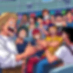 A colorful illustration showing fans discussing their favorite One Piece arcs with funny expressions and exaggerated gestures.