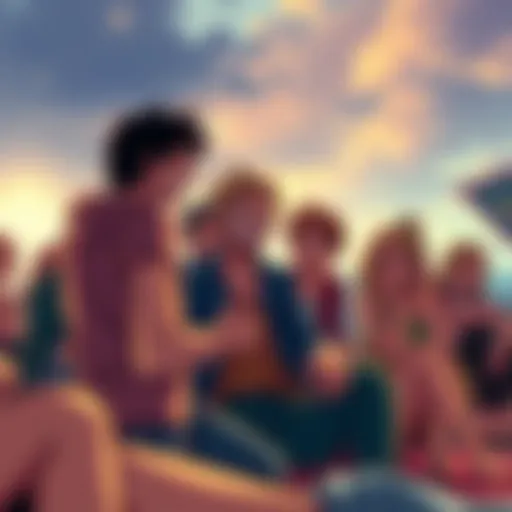 A group of One Piece fans passionately sharing their thoughts on the best plot twists in the series