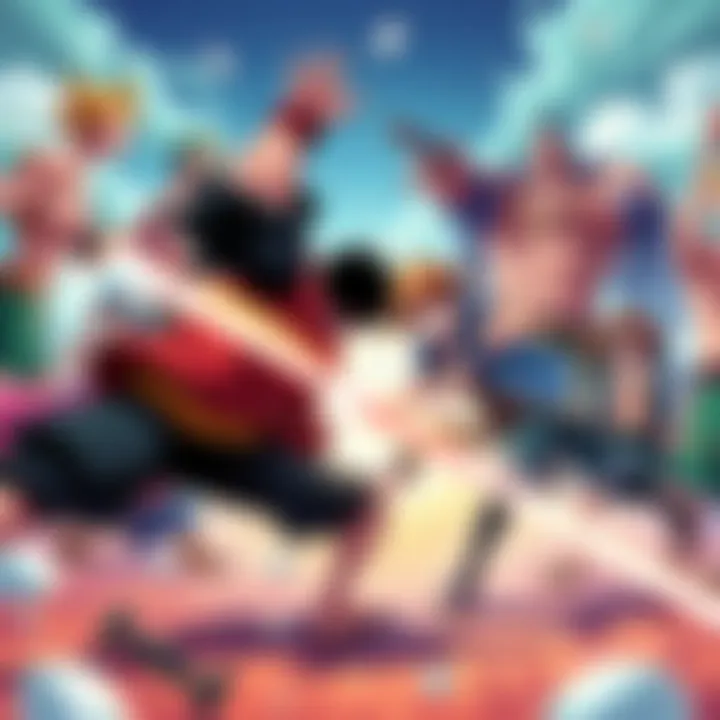 A dynamic illustration of iconic One Piece characters preparing for battle, showcasing their unique abilities and designs.
