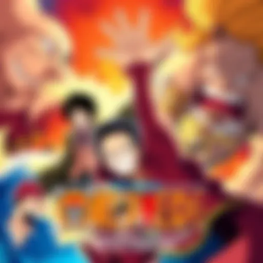 A dynamic scene showing characters from One Piece engaged in an intense battle, showcasing their unique abilities and expressions of determination, with a dramatic background.