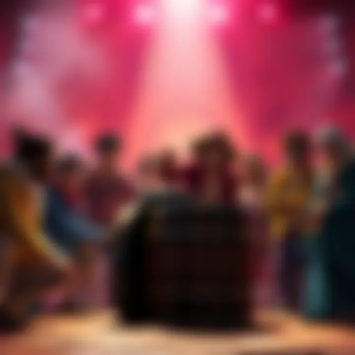 The live-action cast of One Piece performing the iconic barrel scene alongside the original Japanese voice actors, surrounded by a colorful backdrop reminiscent of the series.