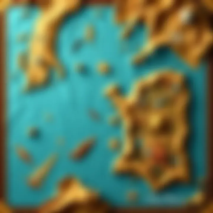 A detailed map showing the potential location of the One Piece, marked with landmarks and clues for treasure hunters.