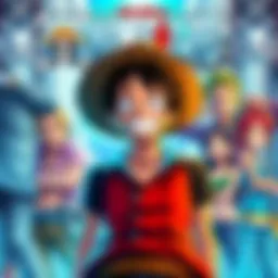 A vibrant One Piece manga cover featuring Luffy and his crew, showcasing their adventurous spirit and friendship. Luffy is in front, wearing his straw hat and a big smile, while other crew members sta...