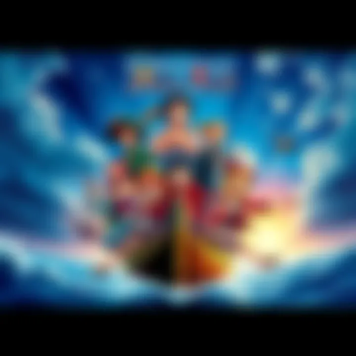 Colorful poster featuring main characters from One Piece with pirate ship and ocean background.