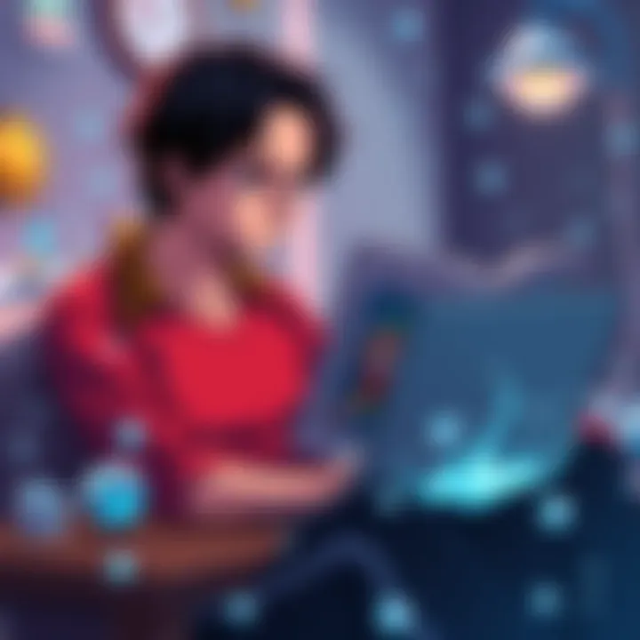 A person sitting with a laptop, looking worried while reading a manga about One Piece, with water-themed decorations around them.
