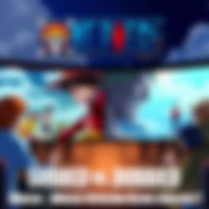 A split-screen image showing scenes from both subbed and dubbed versions of One Piece, highlighting fans discussing their preferences in a lively forum.