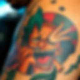 Close-up of a tattoo featuring a One Piece manga panel with vibrant colors and detailed characters.
