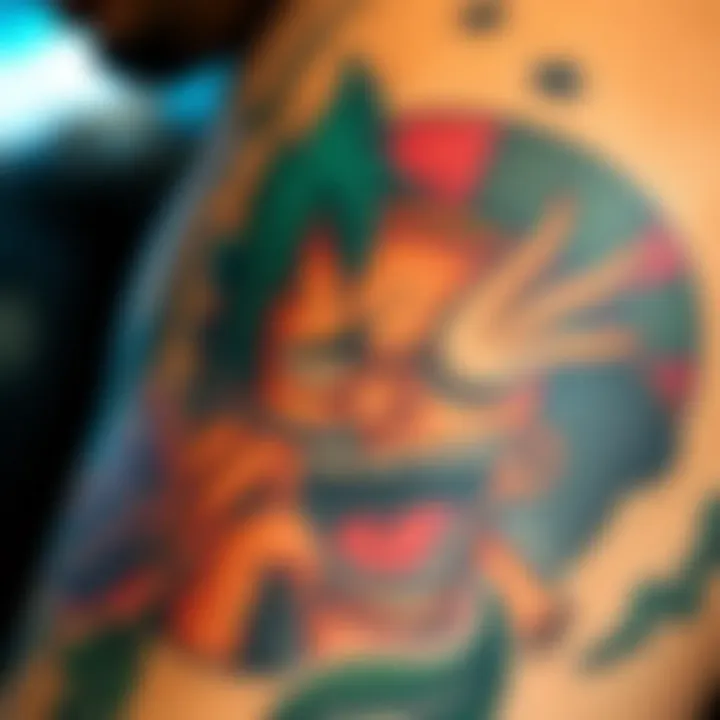 Close-up of a tattoo featuring a One Piece manga panel with vibrant colors and detailed characters.
