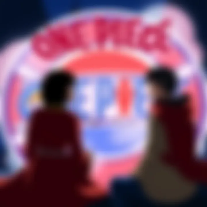 Two characters from One Piece discussing watching order options with a backdrop of the show's logo