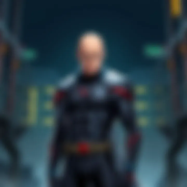 A strong bald hero in a superhero costume stands with a serious expression, representing One Punch Man.