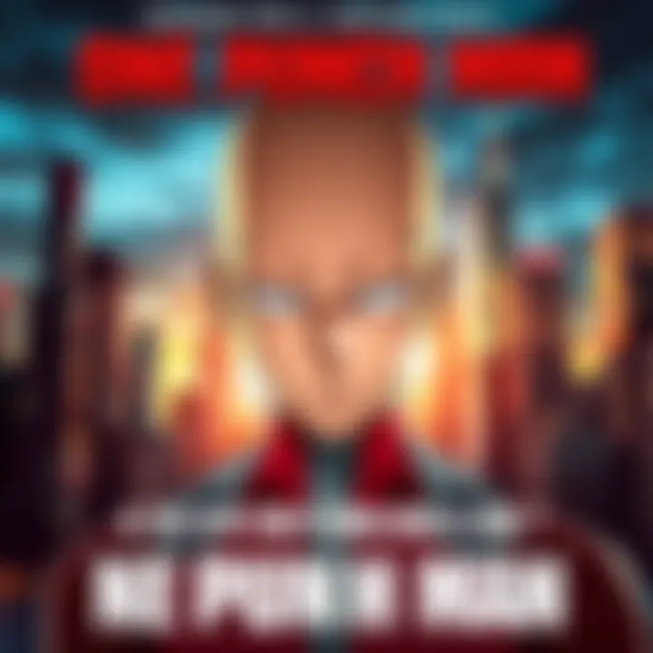 A poster featuring the main character of One Punch Man looking serious, with a blurred city skyline in the background, symbolizing anticipation and delay.