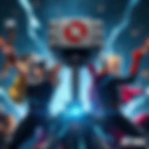 Characters from One Punch Man trying to lift Thor's hammer, Mjolnir, showcasing their strength and determination