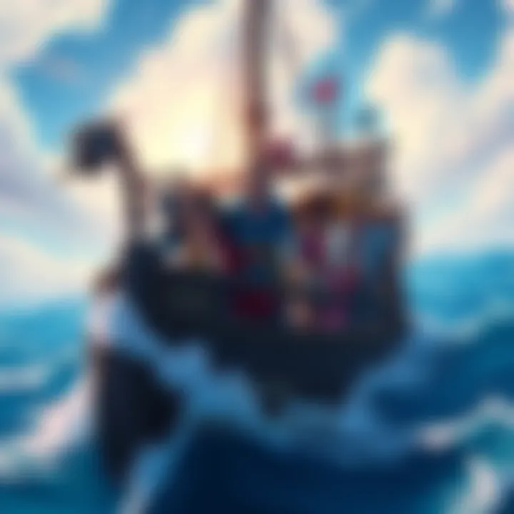 A group of diverse characters from One Piece sailing on a pirate ship with the ocean in the background, showcasing camaraderie and excitement.