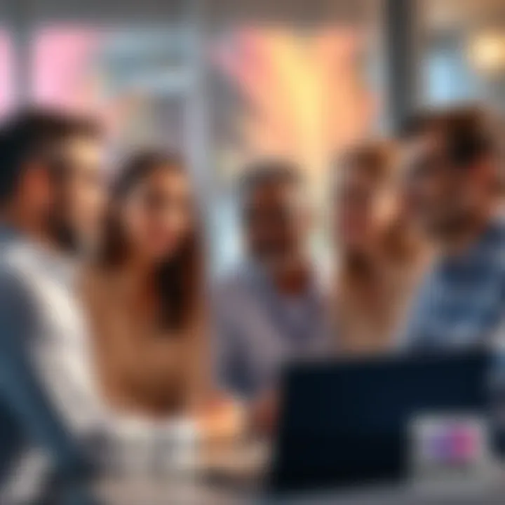 People Engaging in Online Discussion A group of people interacting on a digital forum, discussing topics with varied expressions, showing a mix of seriousness and humor.