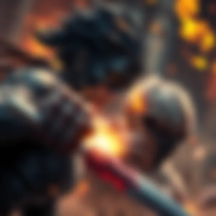 Onyx, a tough character with a determined look, is engaged in a fierce battle, showcasing a gritty fighting style influenced by a rough upbringing.