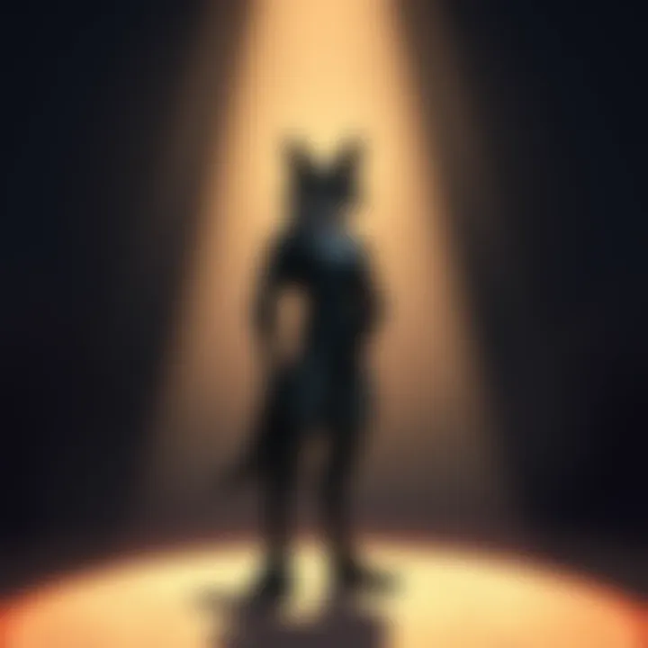 Onyx standing confidently with a mix of light and shadow illustrating his strengths and flaws, symbolizing his journey of self-acceptance and understanding.