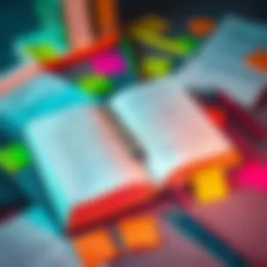 An open book surrounded by notebook, pens, and sticky notes, focusing on studying