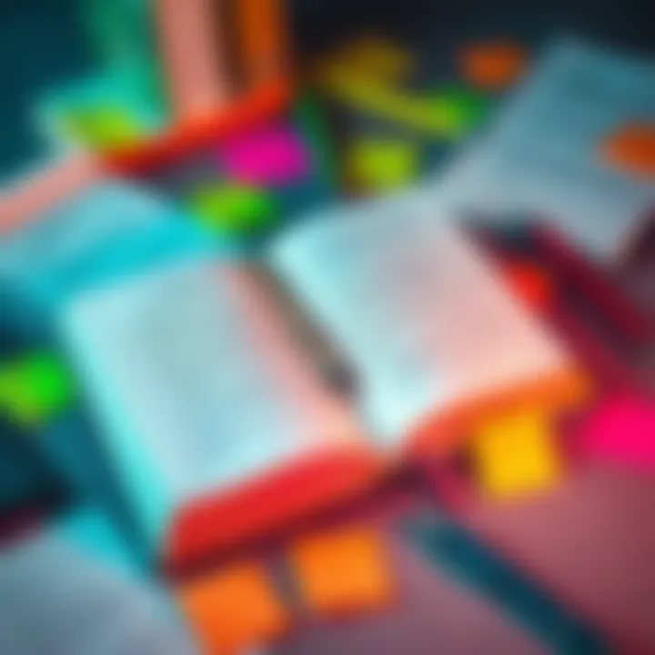 Open book with notes An open book surrounded by notebook, pens, and sticky notes, focusing on studying