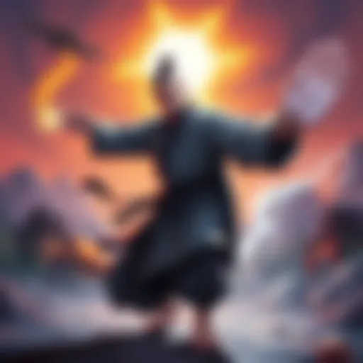 A digital illustration of an open hand monk in a fantasy setting, showcasing martial arts moves with a glowing aura, surrounded by vibrant energy, symbolizing community support in GFOC ZEUS.