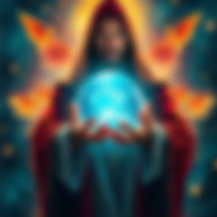 A mystical figure holding a crystal ball while surrounded by glowing symbols representing trends and events.