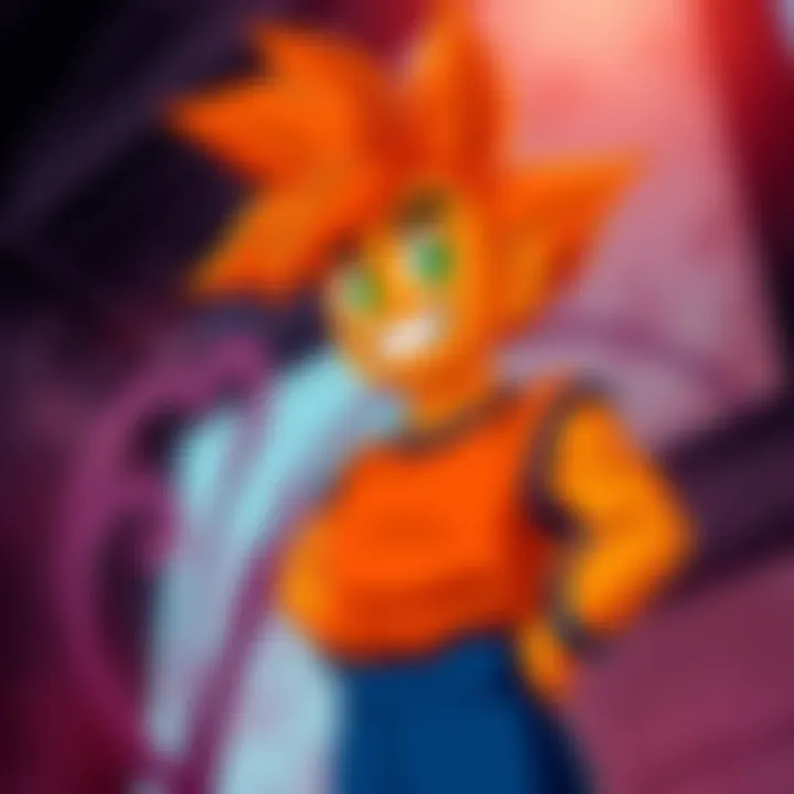 A colorful depiction of the Orange Piccolo character standing confidently, with vibrant orange skin and a cheerful expression, set against a dynamic background.
